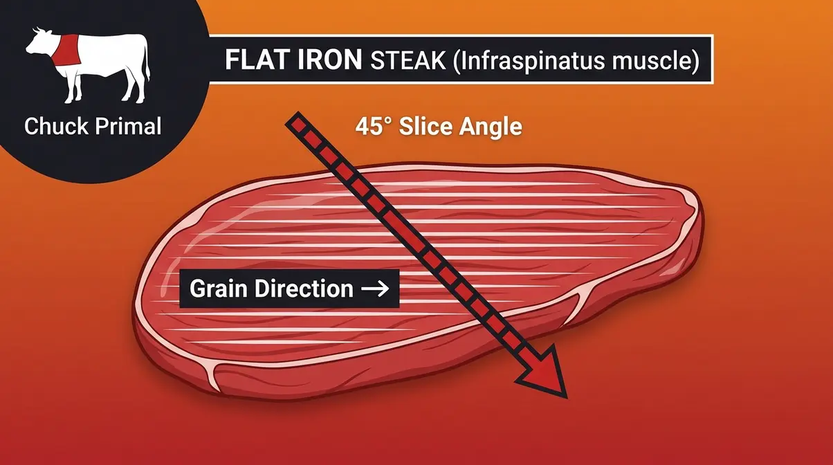 Flat iron steak anatomy diagram showing muscle grain direction and correct 45-degree slicing angle for tenderness
