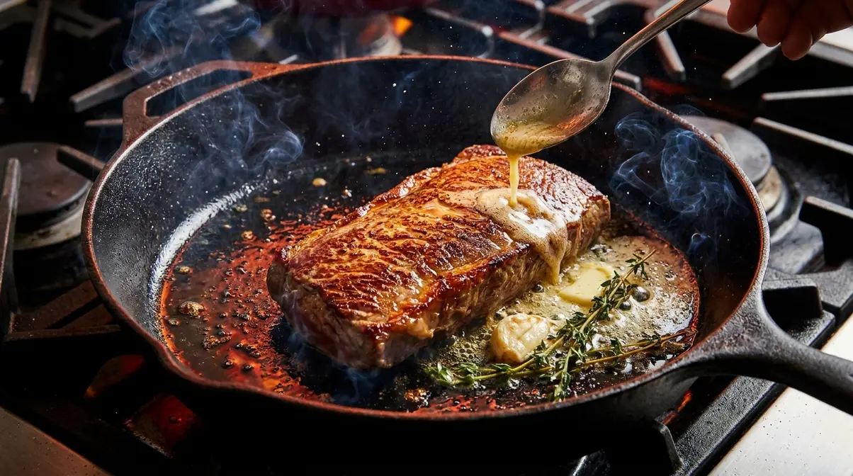 Flat iron steak searing in cast iron skillet with butter basting and visible golden-brown Maillard crust forming