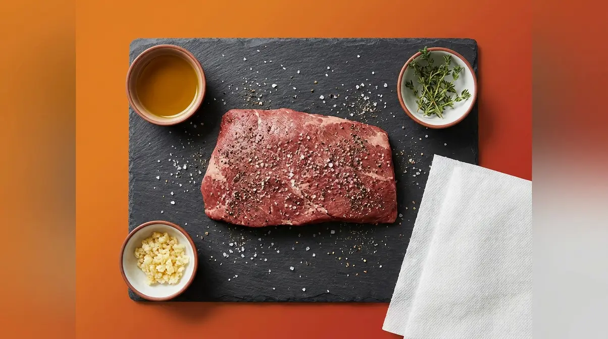 Flat iron steak seasoned with kosher salt and cracked pepper on dark cutting board ready for pan searing