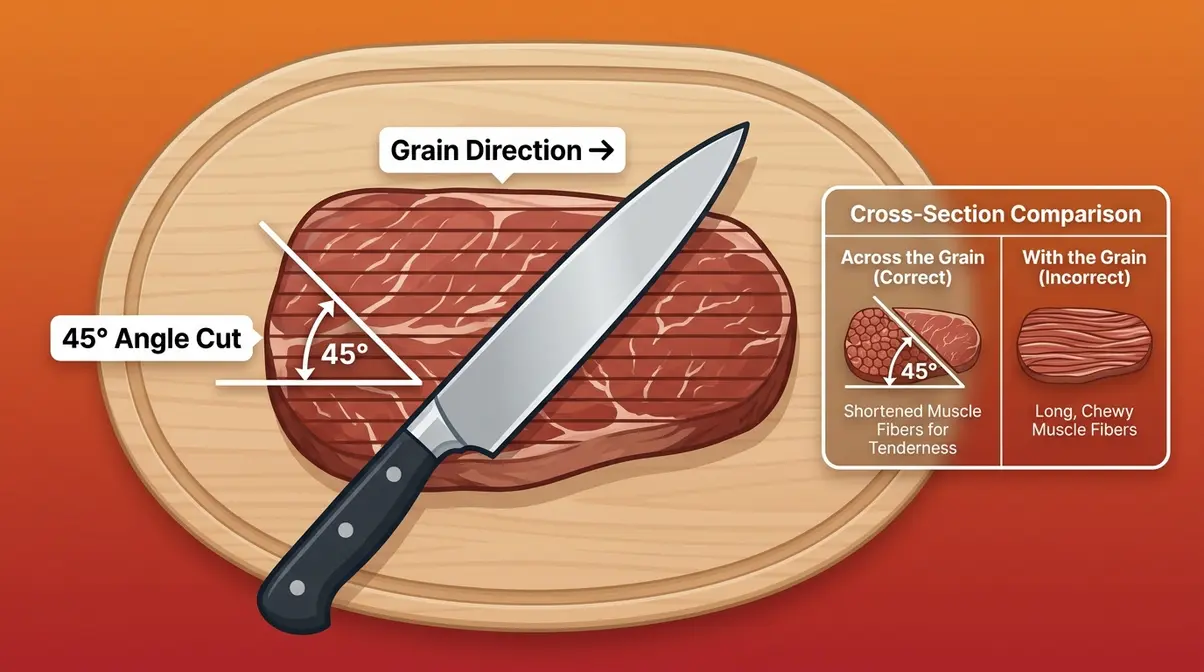 Flat iron steak slicing diagram showing 45-degree angle cut against the grain to shorten muscle fibers for tenderness