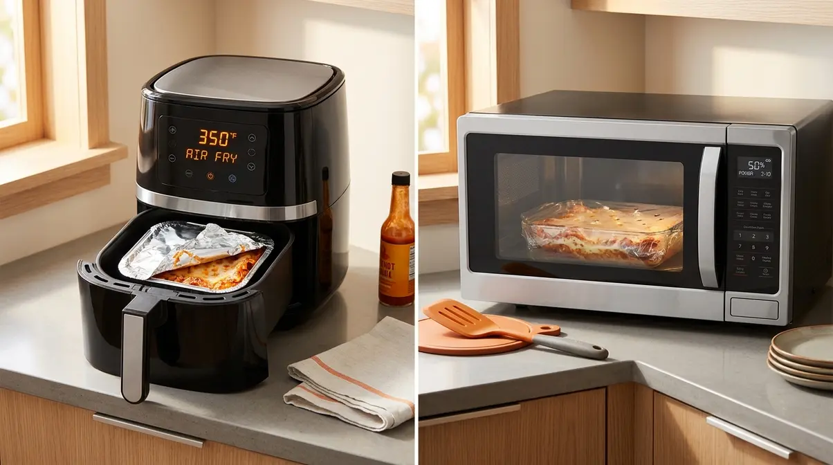 Air fryer and microwave side by side showing two alternative methods for cooking frozen lasagna