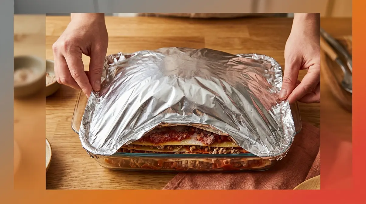 Hands pressing aluminum foil tightly around a lasagna baking dish with a dome tent above the cheese
