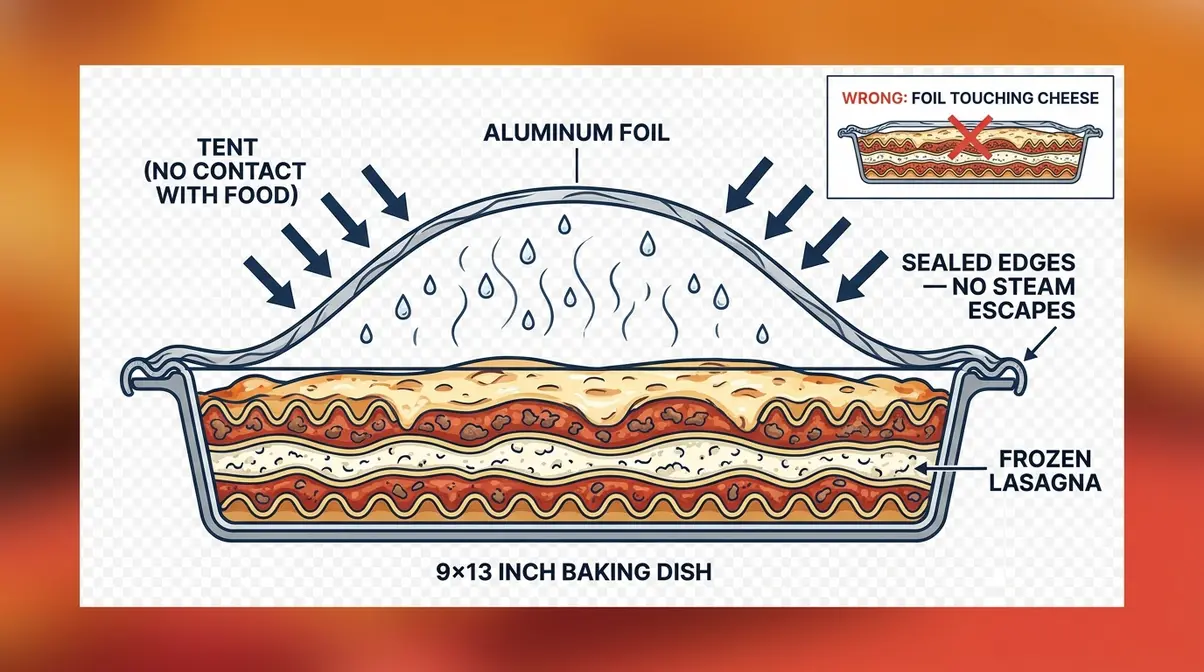 Diagram showing how to tent aluminum foil over a lasagna dish to trap steam during baking