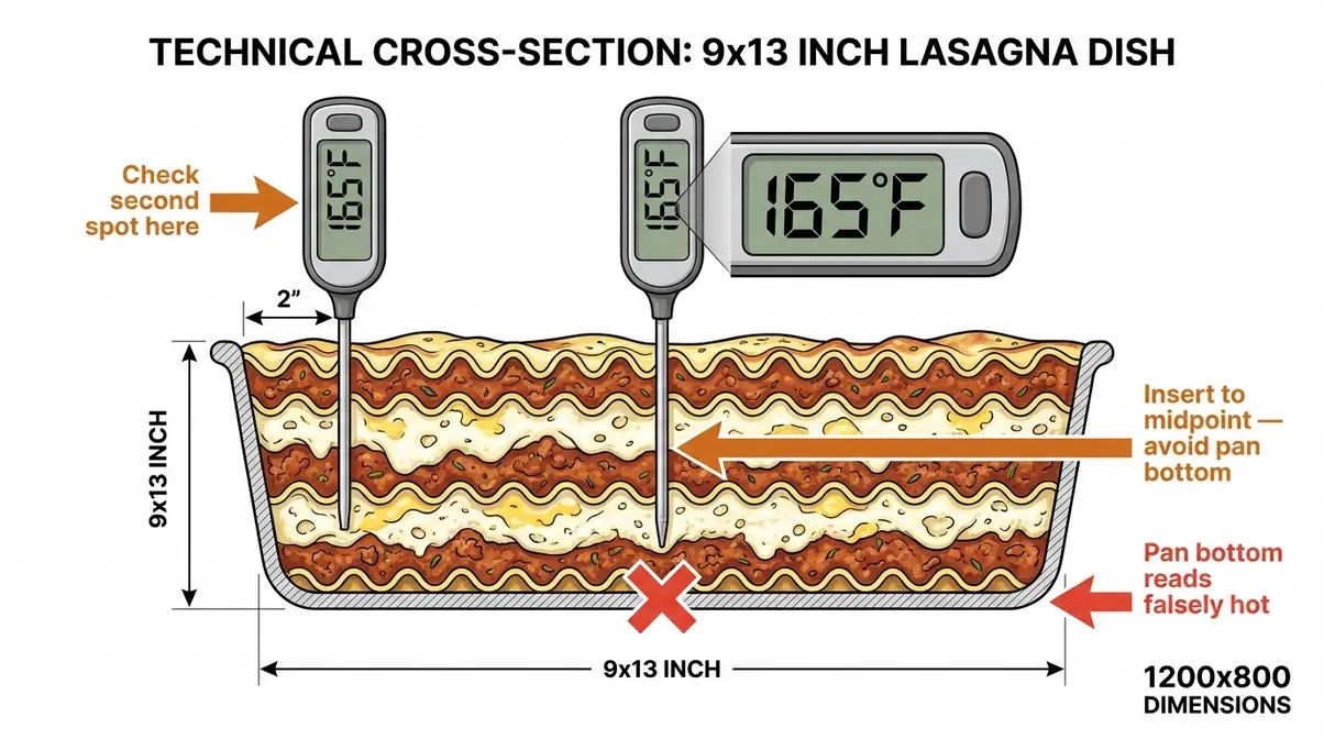 Diagram showing correct food thermometer placement in lasagna center to verify 165°F internal temperature