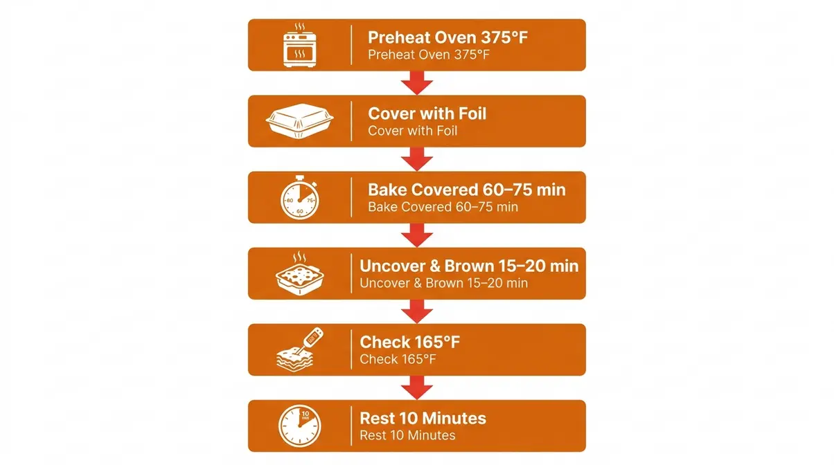 Six-step flowchart showing how to cook frozen lasagna from oven preheat to resting before serving