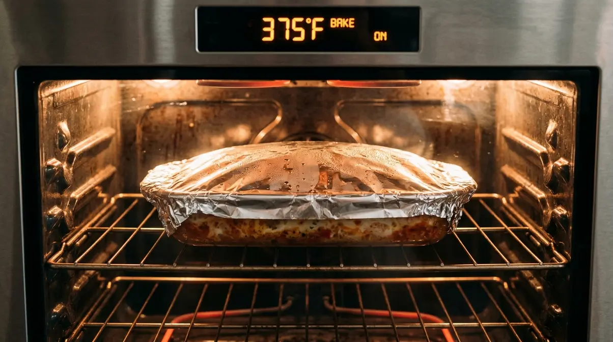 Foil-covered frozen lasagna baking on center rack inside oven preheated to 375°F