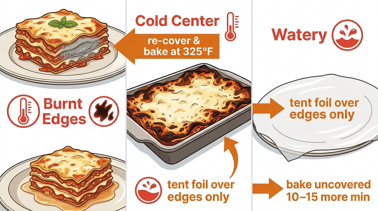 Three-panel visual showing cold center, burnt edges, and watery lasagna problems with quick fixes