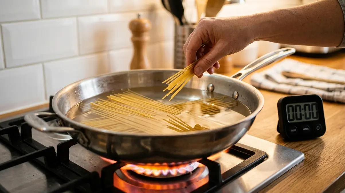 How To Cook Pasta Quickly: 6 Speed Methods Ranked 5 Dry spaghetti added to cold water in a skillet for the fastest pasta cooking method