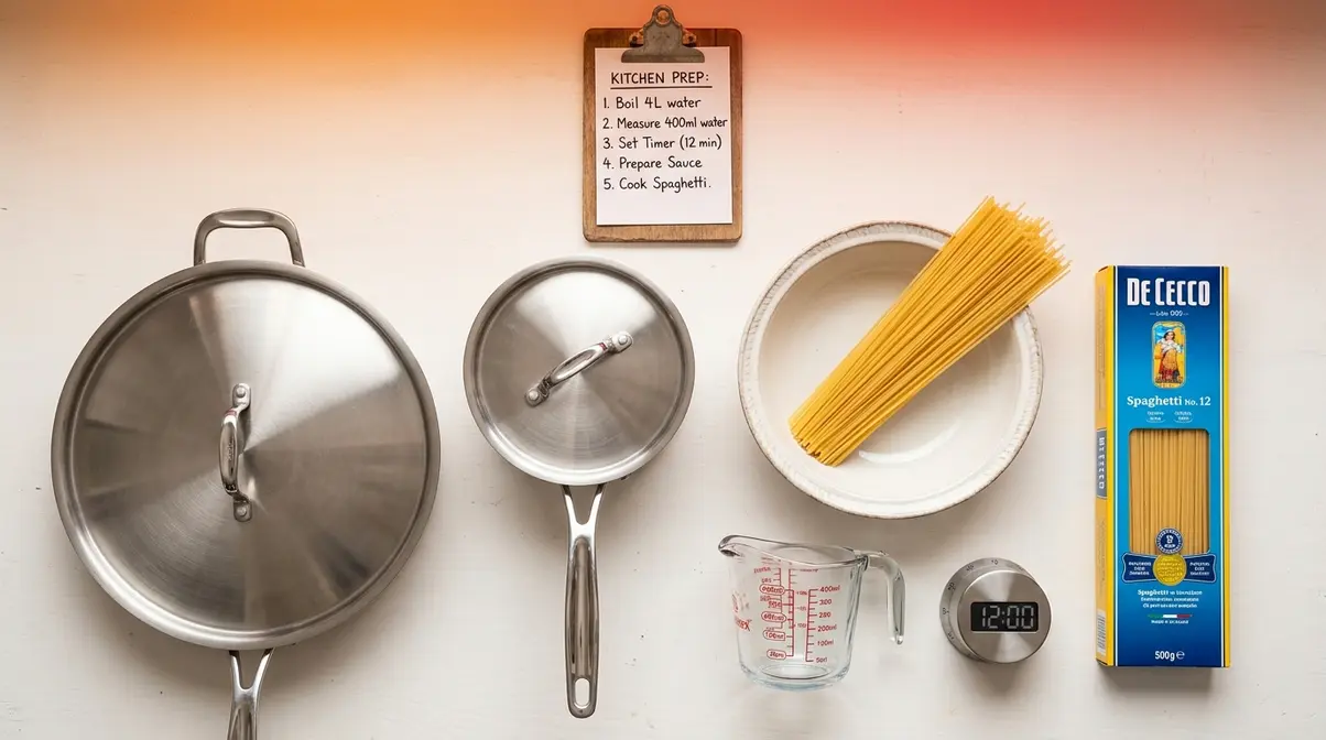 How To Cook Pasta Quickly: 6 Speed Methods Ranked 1 Equipment checklist for cooking pasta quickly including skillet pot microwave bowl and timer