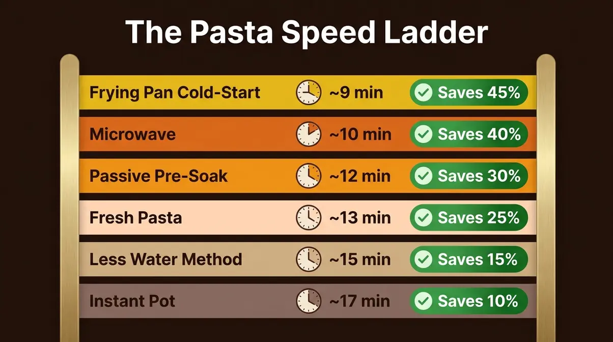 How To Cook Pasta Quickly: 6 Speed Methods Ranked 4 Pasta Speed Ladder chart showing how to cook pasta quickly across 6 ranked methods