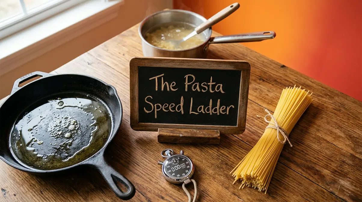How To Cook Pasta Quickly: 6 Speed Methods Ranked 3 The Pasta Speed Ladder overview showing all 6 fast pasta cooking methods ranked by time