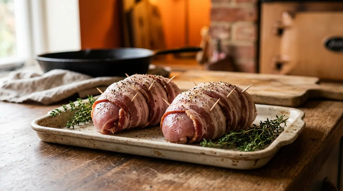 Bacon-wrapped pheasant breasts prepared and ready for oven cooking with fresh thyme