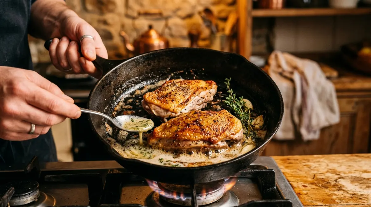 Pheasant breast pieces searing skin-side down in cast iron skillet with butter baste