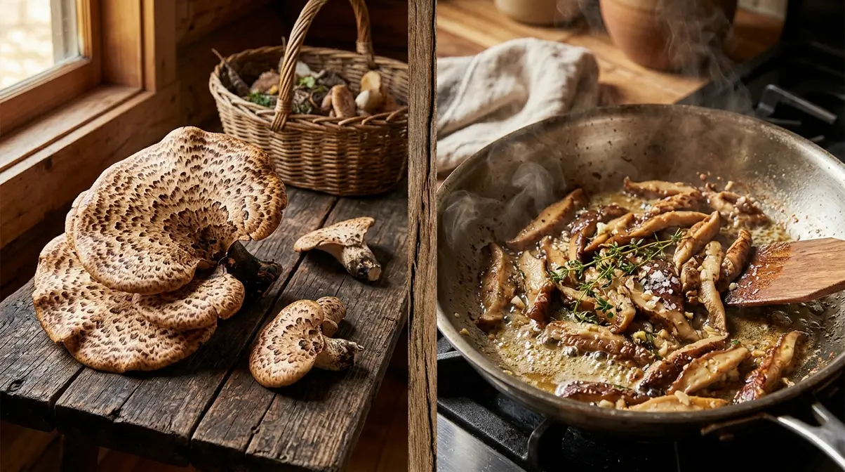 Pheasant back mushrooms also known as dryad's saddle, fresh and sautéed in skillet