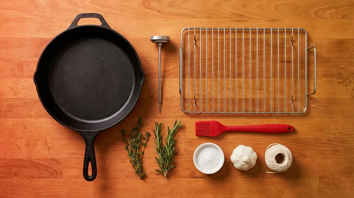Equipment needed to cook pheasant laid out on a wooden kitchen counter