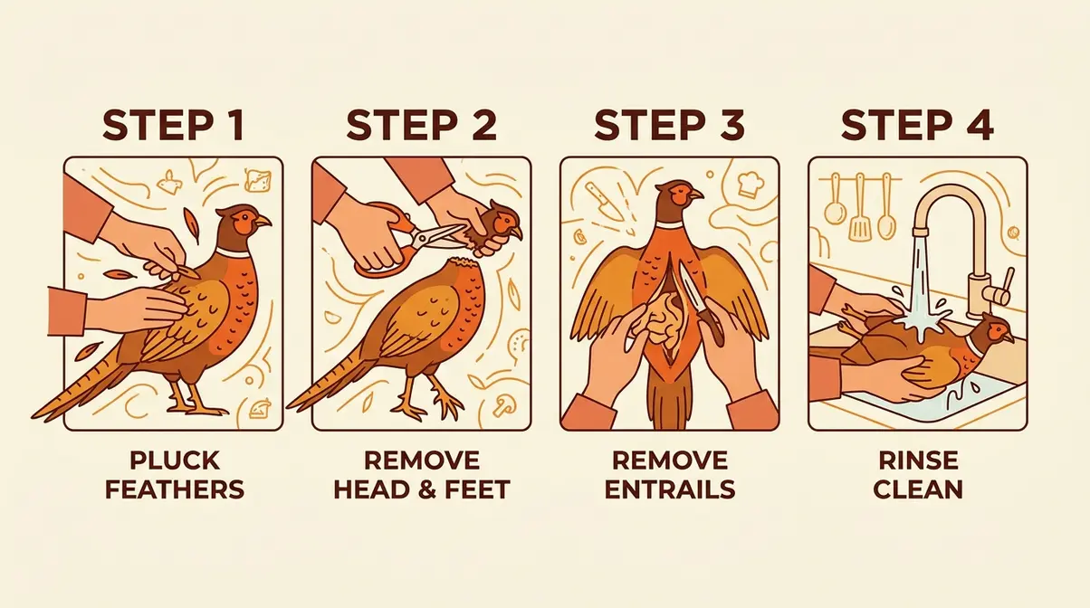 Illustrated guide showing how to clean and field-dress a pheasant step by step