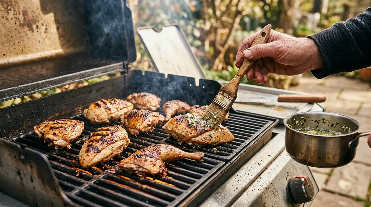 Pheasant pieces grilling over indirect heat with herb butter baste on gas grill