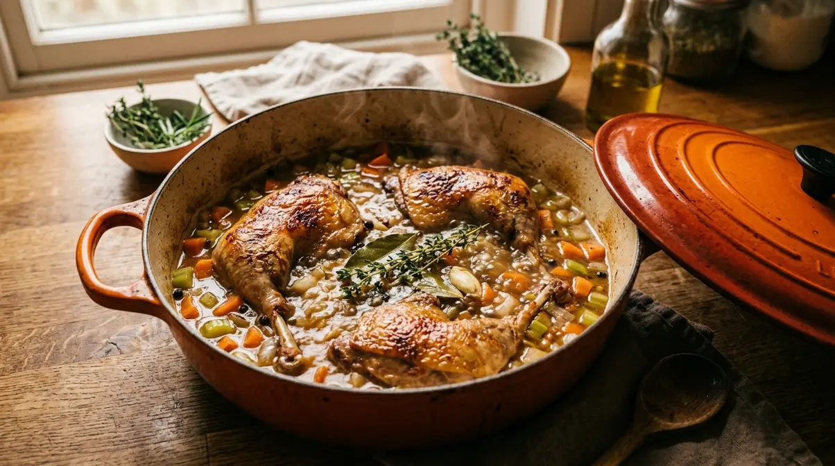 Pheasant legs braising in a Dutch oven with vegetables and stock for tender results