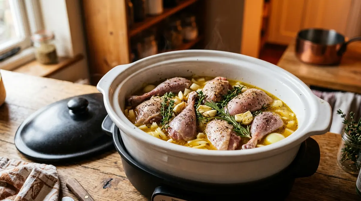 Pheasant pieces in slow cooker with herbs and stock for tender, moist results