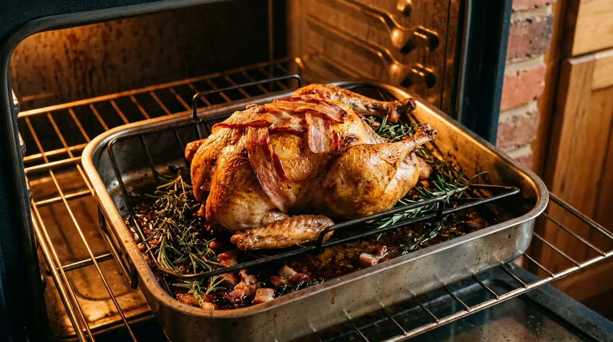 Whole pheasant roasting in oven with bacon barding and fresh herbs until golden brown