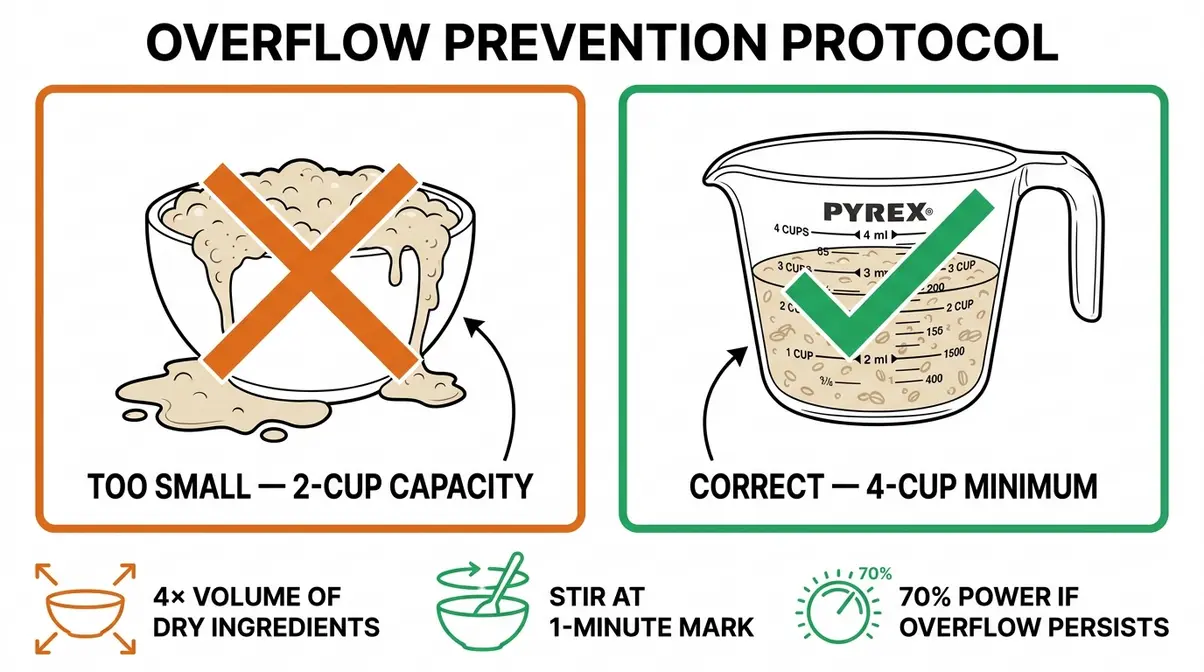 How To Cook Quick Oats: Perfect Bowl In Under 5 Min 3 Microwave overflow prevention diagram comparing small bowl versus correct 4-cup bowl for quick oats