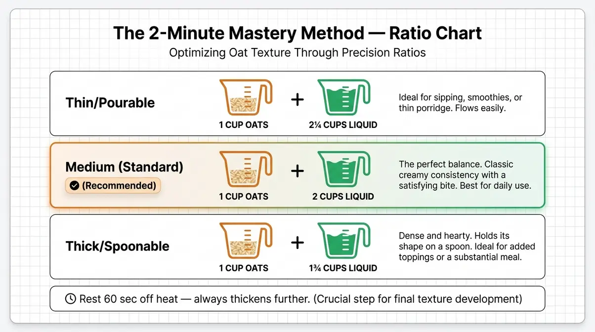 How To Cook Quick Oats: Perfect Bowl In Under 5 Min 2 Quick oats ratio chart showing thin medium and thick liquid measurements for the 1:2 method