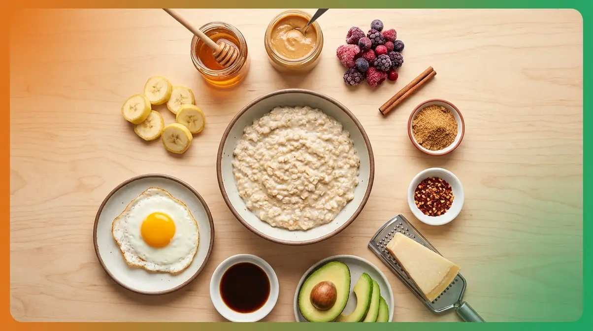 How To Cook Quick Oats: Perfect Bowl In Under 5 Min 6 Bowl of quick oats surrounded by sweet and savoury topping options including banana honey peanut butter and egg