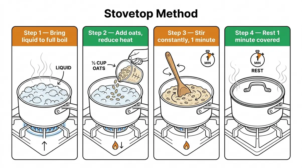 How To Cook Quick Oats: Perfect Bowl In Under 5 Min 4 Stovetop quick oats method illustrated in four steps showing boiling liquid then adding oats and stirring
