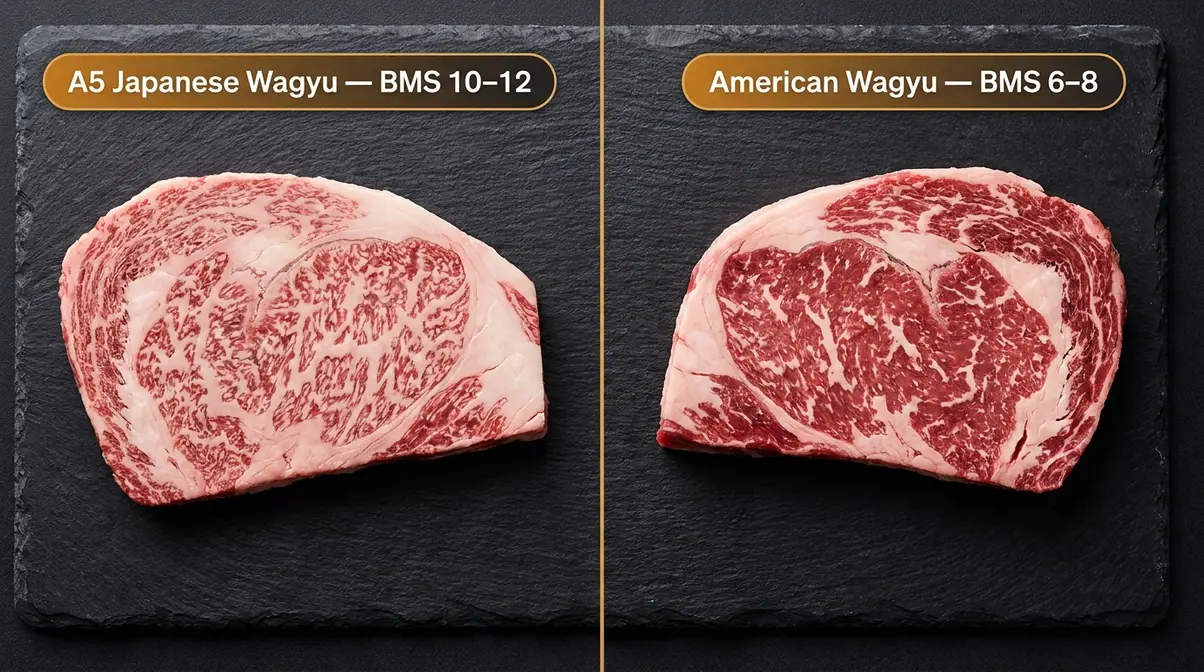 Side-by-side comparison of A5 Japanese Wagyu and American Wagyu steak marbling density