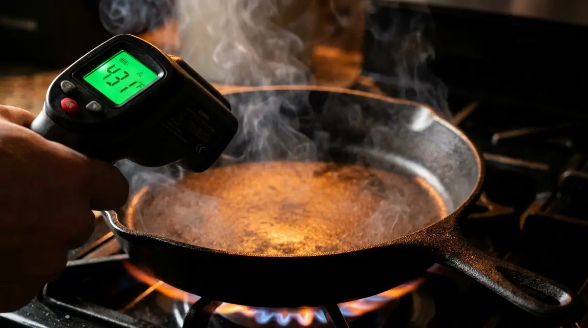 Infrared thermometer aimed at cast-iron skillet displaying over 425°F ready for Wagyu sear