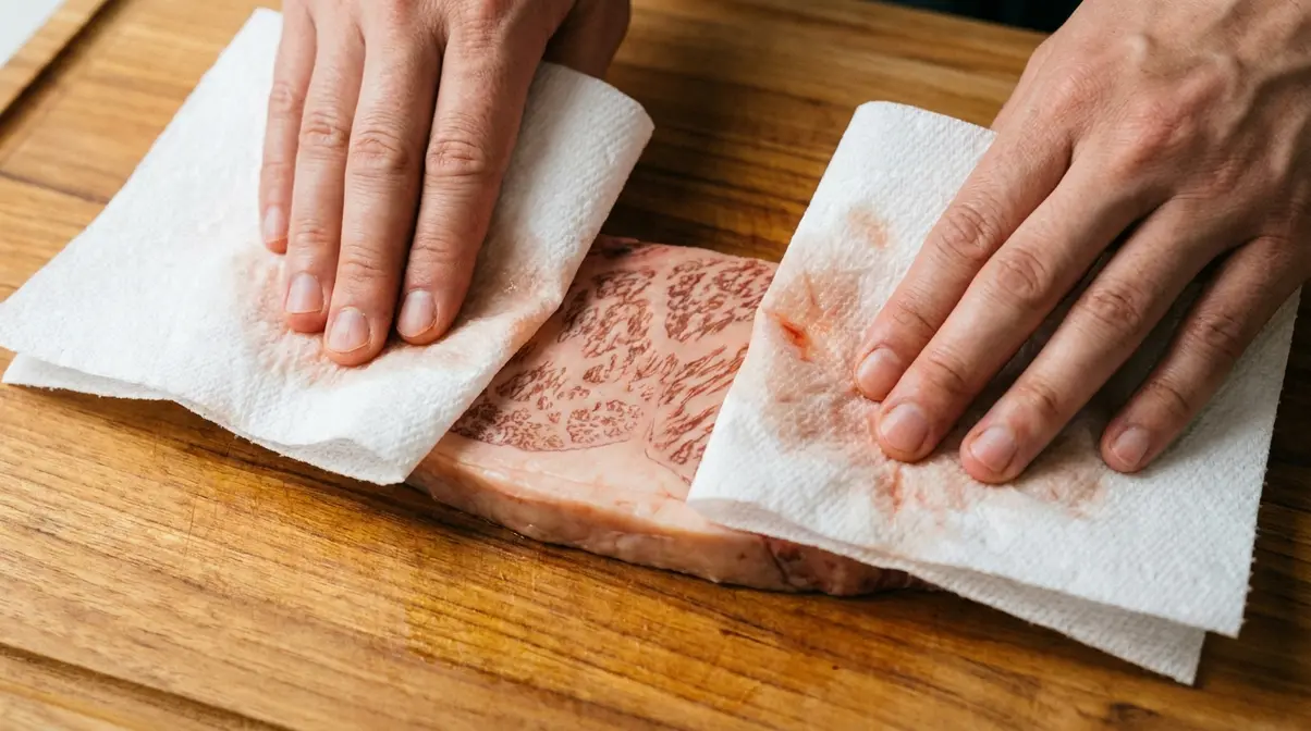 Hands patting raw Wagyu steak dry with paper towels on wooden cutting board before searing
