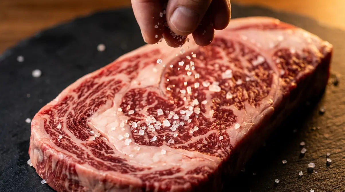 Kosher salt crystals being sprinkled onto a raw marbled Wagyu steak before cooking