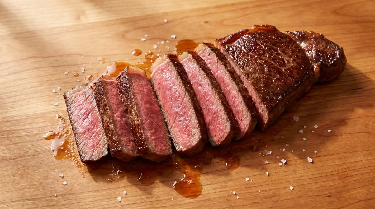Sliced medium-rare Wagyu steak on wooden cutting board showing pink wall-to-wall doneness and resting juices