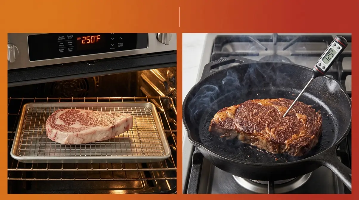 American Wagyu reverse sear method showing low oven stage and final cast-iron sear stage