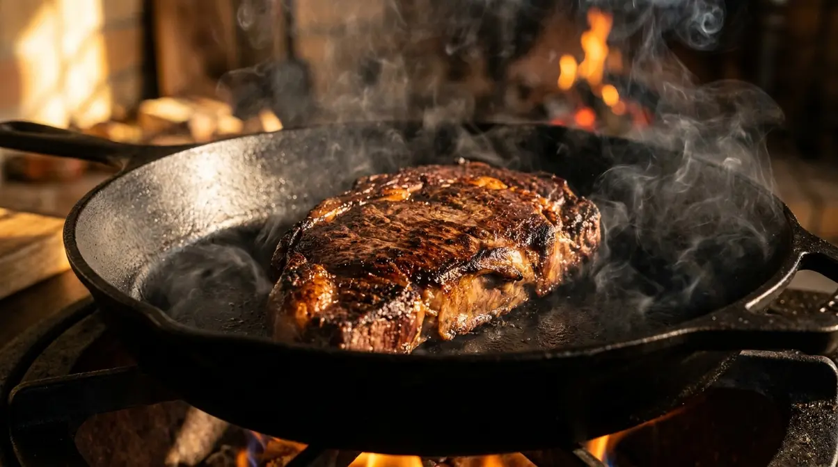 Wagyu steak searing in dry cast-iron skillet with dark mahogany crust forming and smoke rising