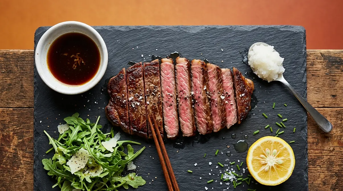 Wagyu steak served with ponzu sauce, grated daikon, arugula, and citrus for balanced digestion