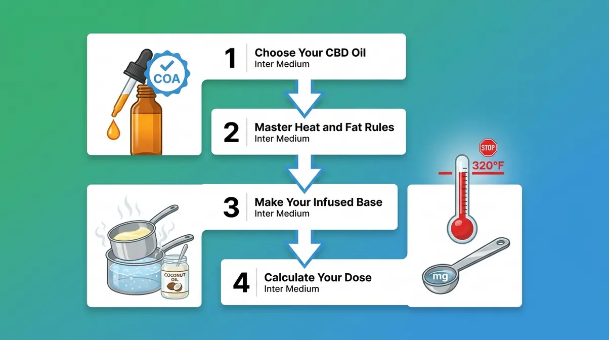 Four-step flowchart showing how to cook with CBD oil safely from product selection to dosage calculation