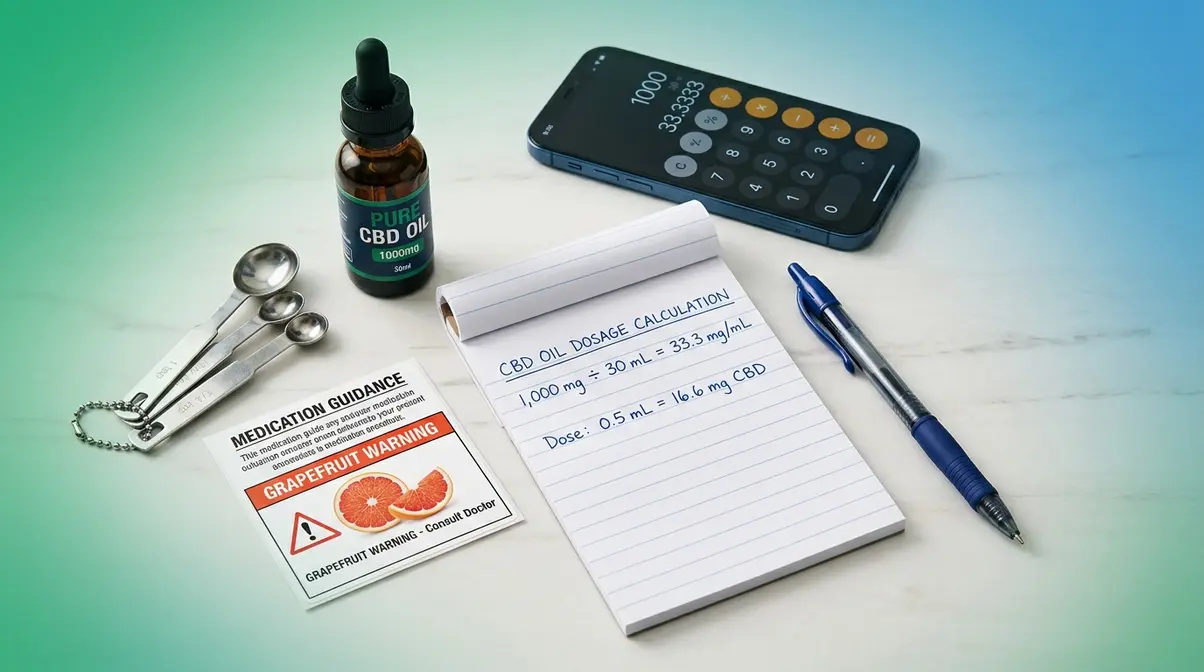 CBD dosage calculation notepad with dropper bottle, measuring spoons, and grapefruit drug interaction warning