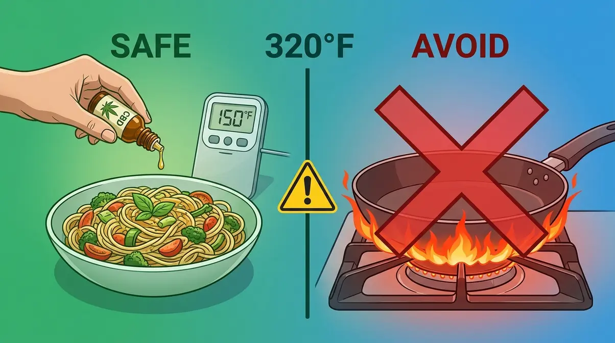 Safe versus unsafe heat methods for cooking with CBD oil showing 320°F threshold comparison
