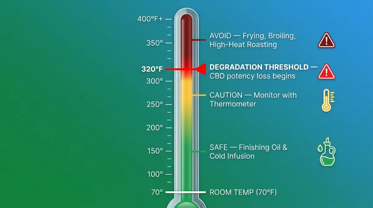 Temperature scale infographic showing safe CBD cooking range below 320°F degradation threshold