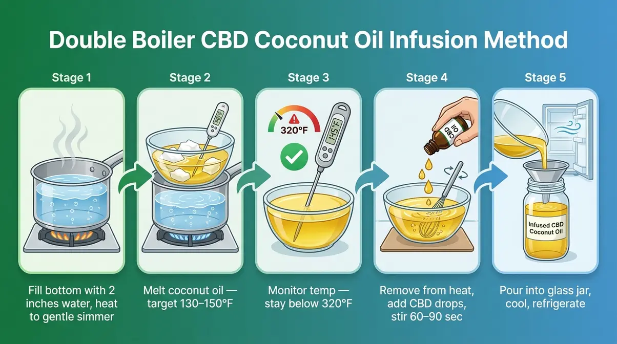 Step-by-step double boiler diagram showing how to make CBD-infused coconut oil safely below 320°F
