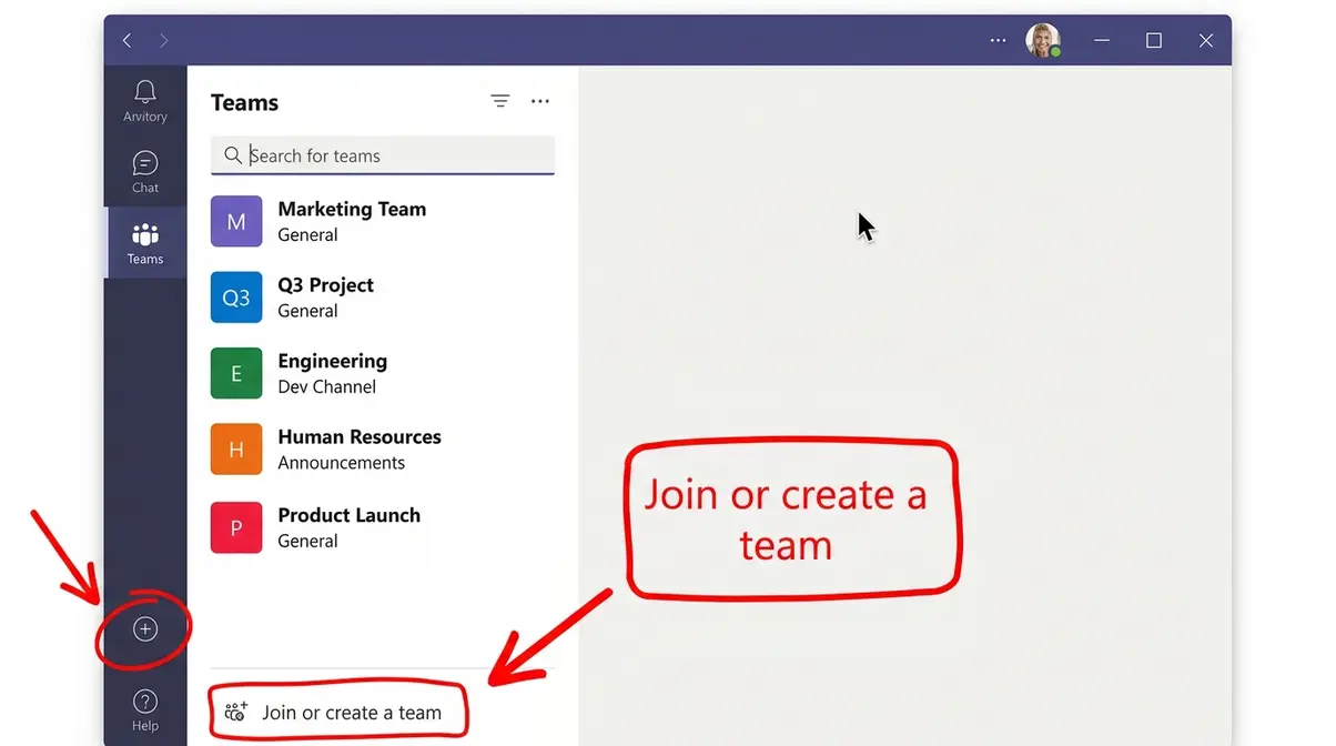 Screenshot showing the Join or Create a Team button location at the bottom of the Microsoft Teams 2.0 panel with annotation