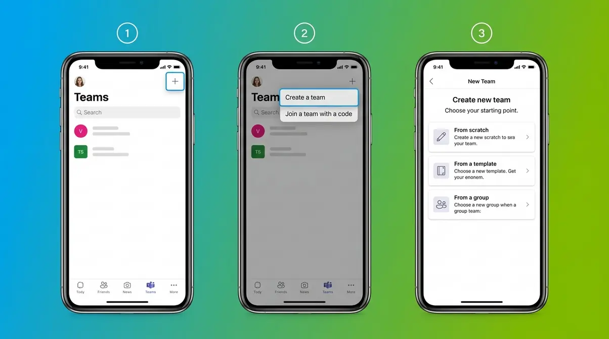 Three iPhone screens showing the Microsoft Teams mobile app team creation steps from the Teams tab to the creation method selection screen
