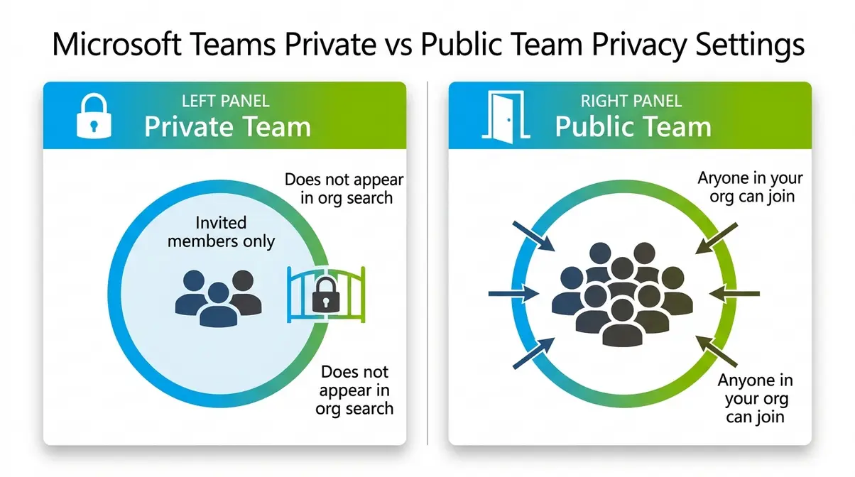 Comparison diagram showing Microsoft Teams Private team with invite-only access versus Public team open to the entire organization