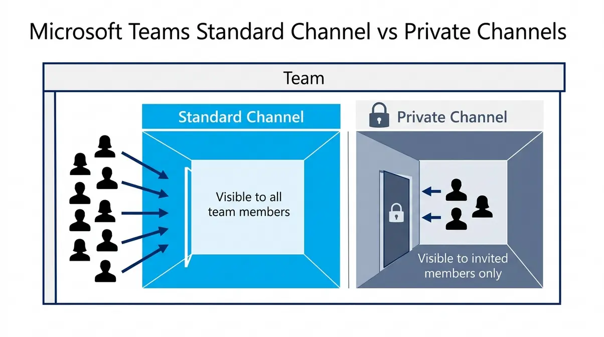 Comparison diagram showing Microsoft Teams standard channels accessible to all members versus private channels with restricted access