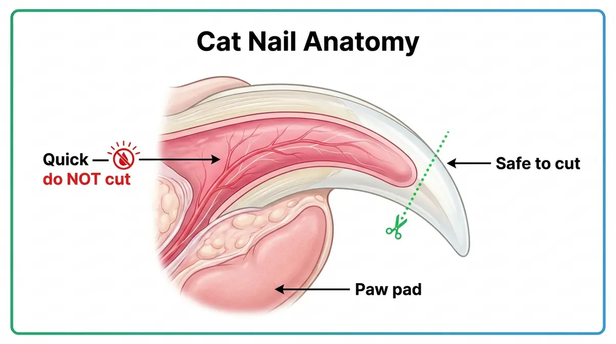 Cat nail anatomy diagram showing the quick and safe cutting zone for trimming
