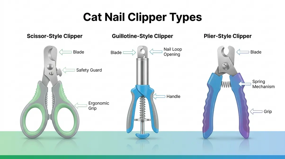 Types of cat nail clippers compared — scissor, guillotine, and plier styles side by side