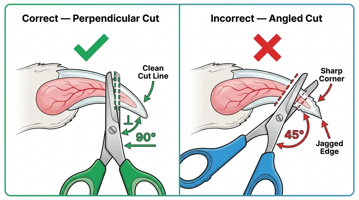 Correct cat nail trimming angle — perpendicular cut versus angled cut comparison illustration