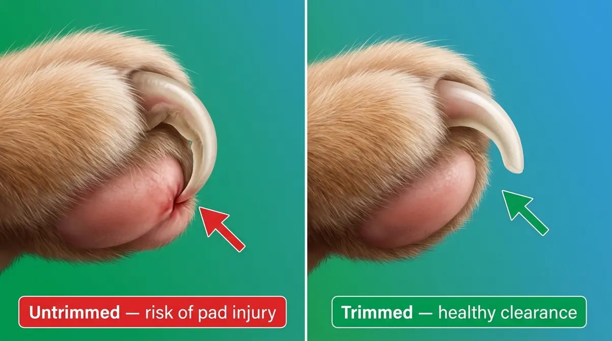 Untrimmed cat nail curling toward paw pad compared to properly trimmed healthy cat claw
