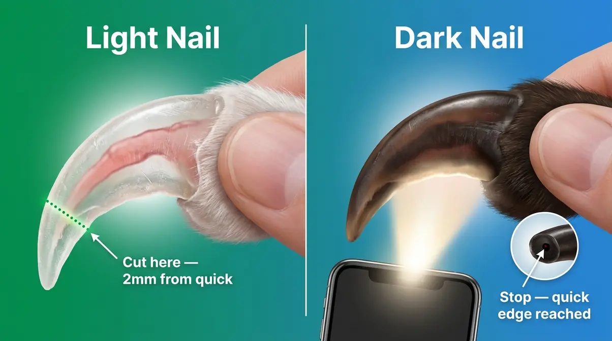 How to find the quick on light and dark cat nails — comparison guide with flashlight technique